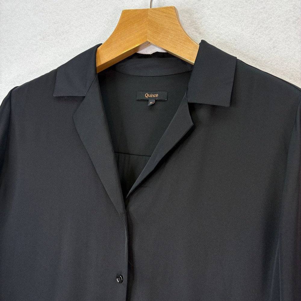 Quince Silk Stretch Notch Lapel Black Button Down Blouse Womens XL Minimalist